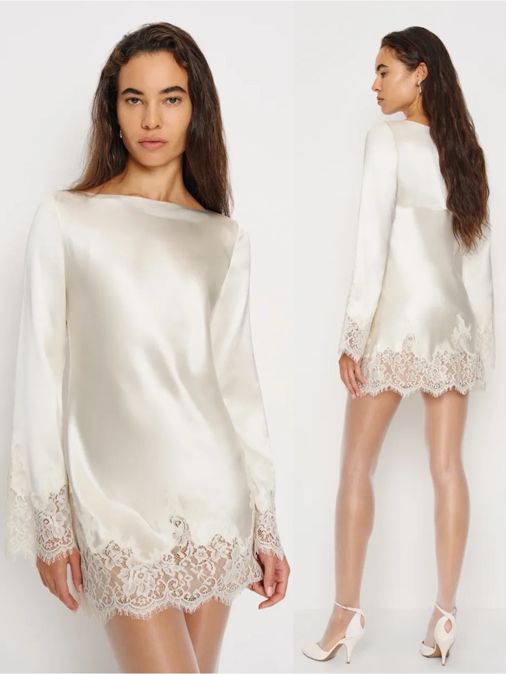 Reformation Blanche Lace Trimmed Bell Sleeve Mini Dress Ivory White NEW with tag